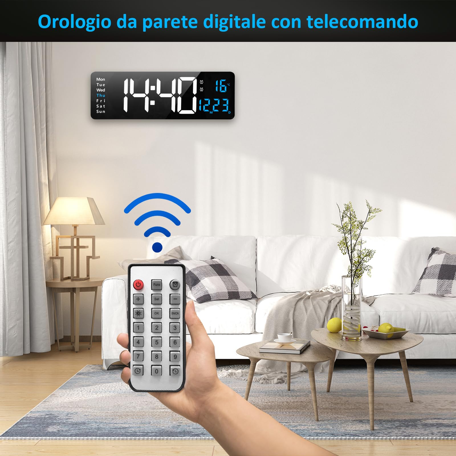 Orologio da parete digitale grande display, 16" orologio digitale con data di ora Temp settimana, timer, 12/24Hr, auto-dimming, per soggiorno/aula/palestra/chiesa/negozio/garage, blu