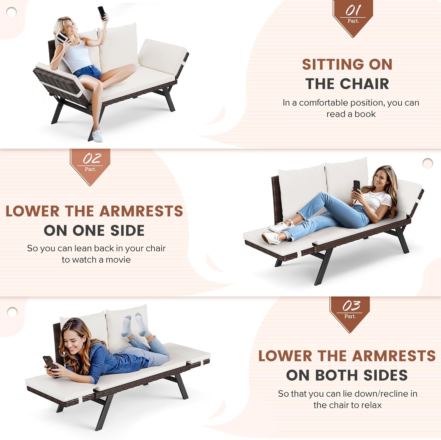 Diagram showing three adjustable positions of the sofa: sitting, one armrest down, and both armrests down.