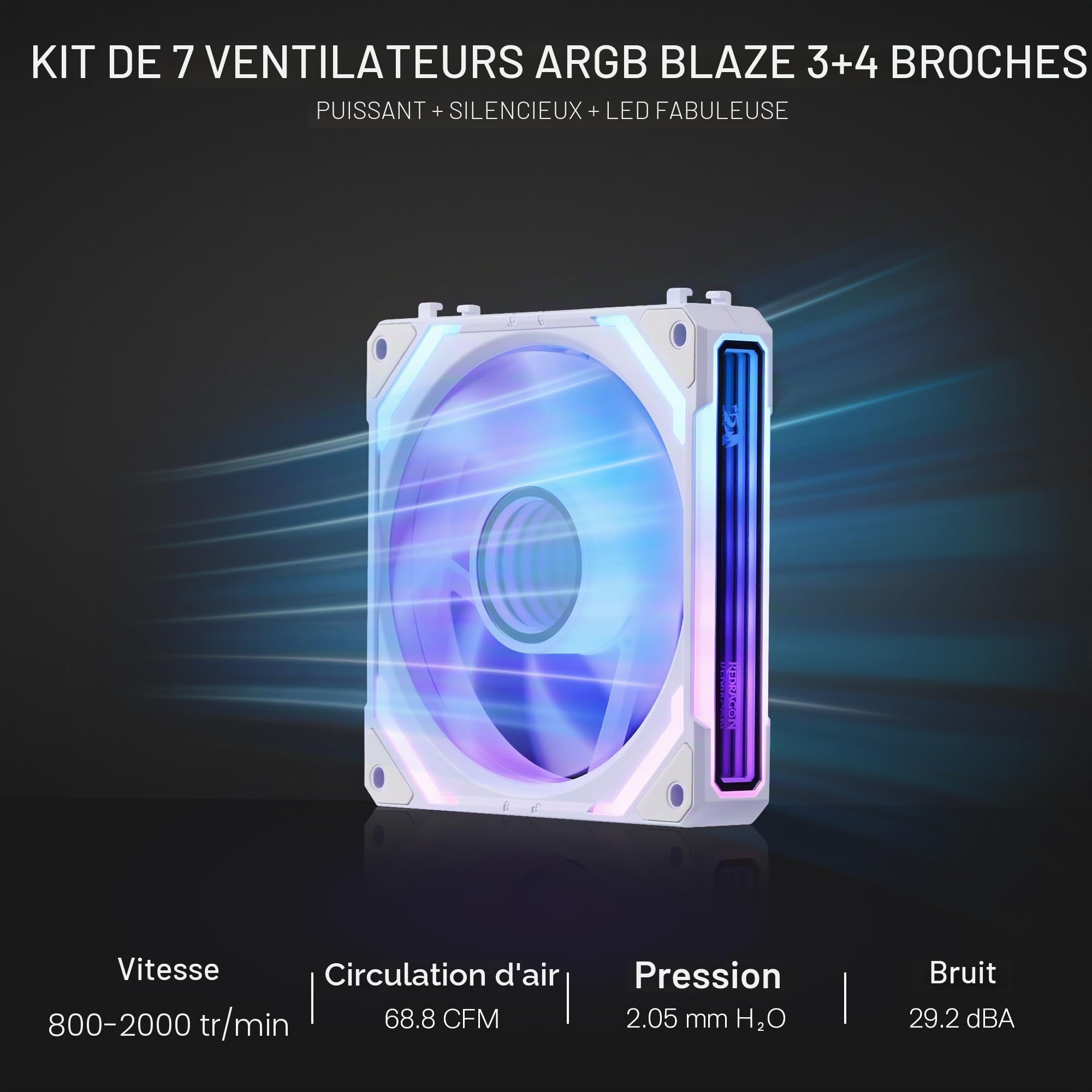 Redragon GCF012 Lot de 3 ventilateurs de boîtier PC standard de 120 mm, connexion en chaîne, éclairage ARGB 5 V 3 broches, ventilateur PWM à 4 broches, pour refroidissement de radiateur/boîtier