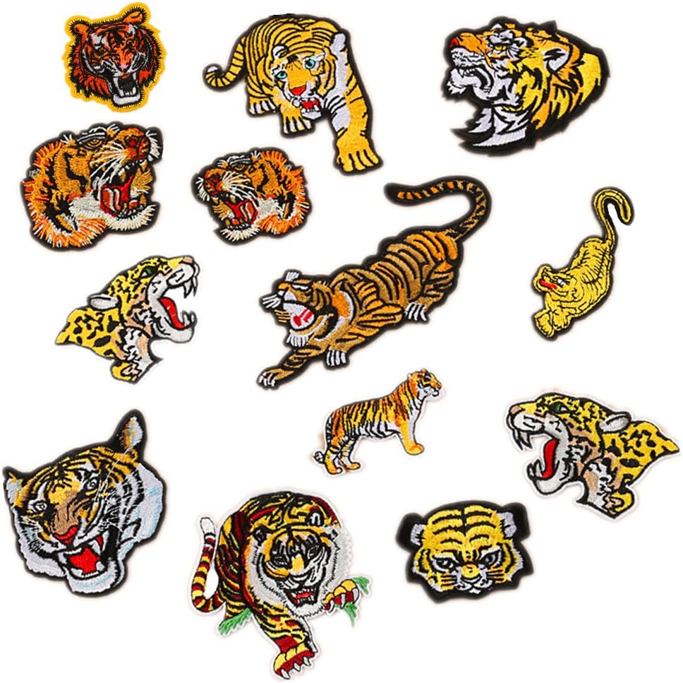 13pcs Assorted Lion Tiger Leopard Wolf Deer Eagle Embroidered Safri Animal Patches Sew Iron on Applique Badge (Tiger)