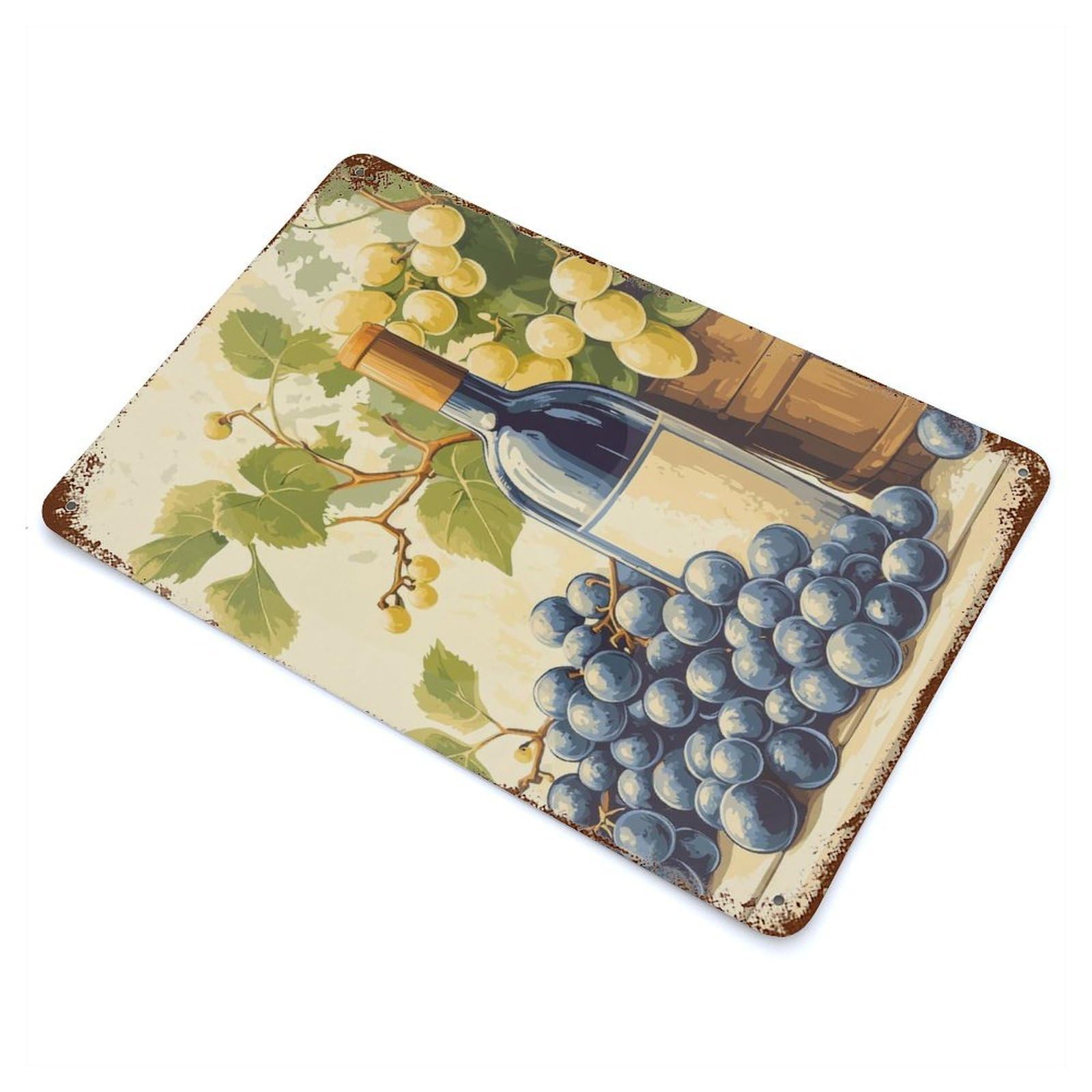 Wine Bottle And Grapes Still Life Weathered Tin Sign 11.8"x7.9", Shabby Chic Decor for Garage, Pub Or Kitchen
