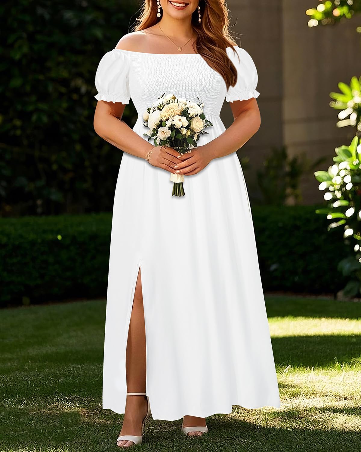 Plus Size Summer Dresses - Boho Casual Off Shoulder Floral Long Maxi Dress with Pockets