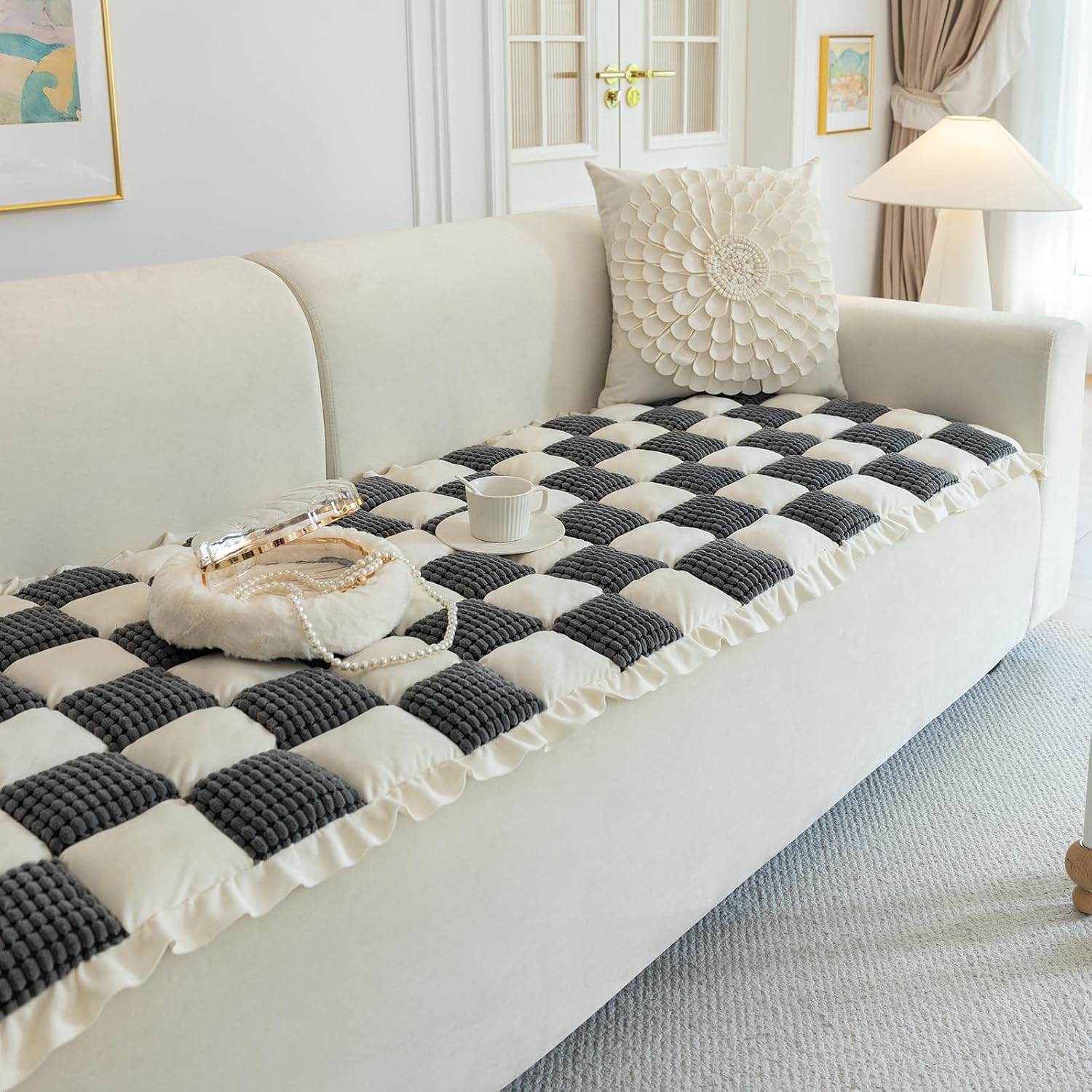 Boho Plaid Soft Corduroy Couch Cover with Ruffles Rustic Farmhouse Thickened Sofa Covers Non Slip Washable Pets Dogs Slipcovers Furniture Protector (Dark Grey,20"x20")