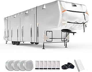 FRUNO Oxford Fabric 5th Wheel RV Cover Fits 33'-37' Waterproof Rip-Resistant Anti-UV Fifth Wheel Toy Hauler Camper Cover for Winter Snow with 4 Tire Covers and Gutter Covers