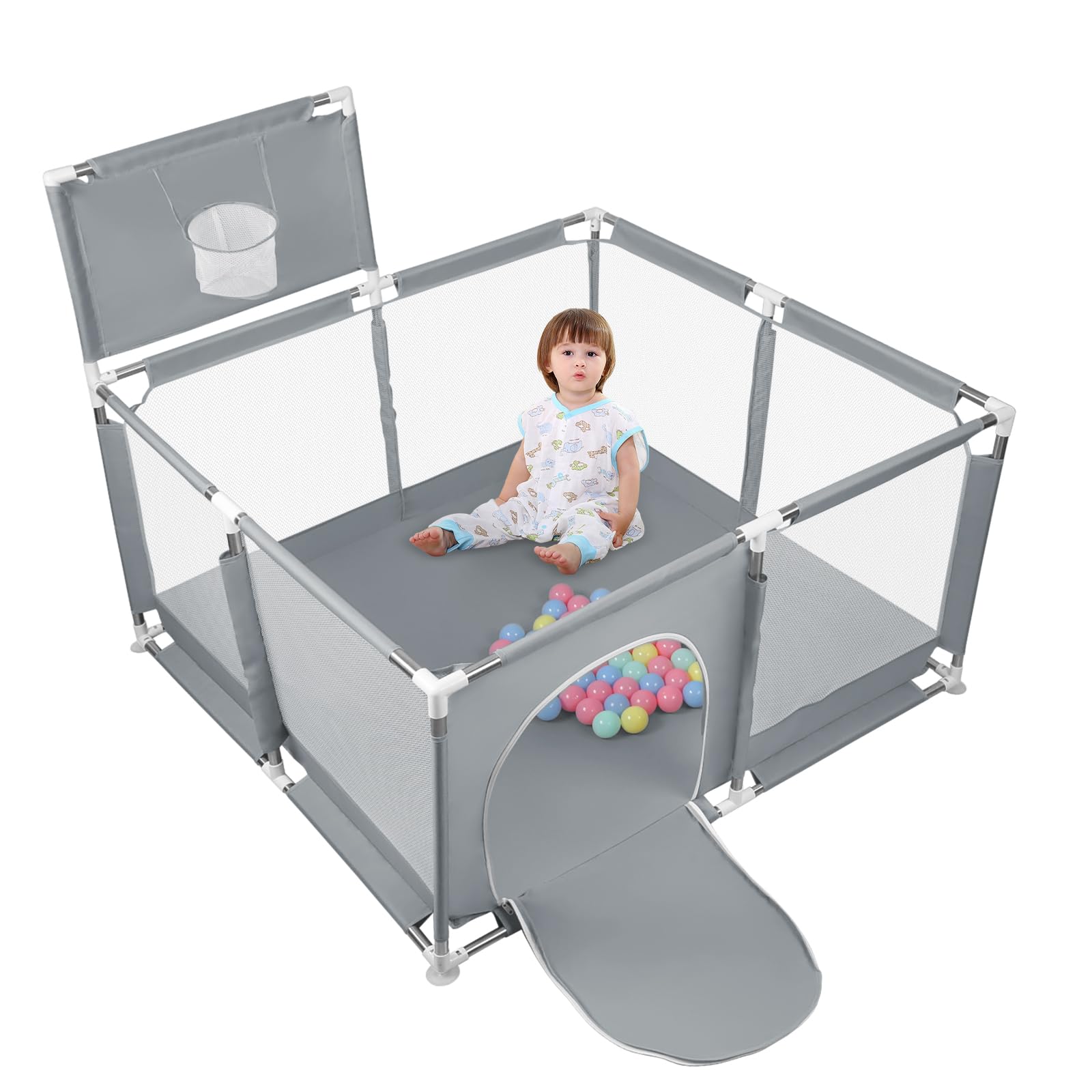 Box pieghevole per bambini, con 50 palline + 4 piastre di aspirazione, griglia con rete traspirante, per interni ed esterni, con porta con cerniera, da 0 a 48 mesi, 126 x 126 x 66 cm