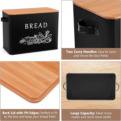 Miniatura 4 de P&P CHEF Panera negra para encimera de cocina, contenedor de almacenamiento de pan de metal con tapa de corte de madera, gran capacidad para