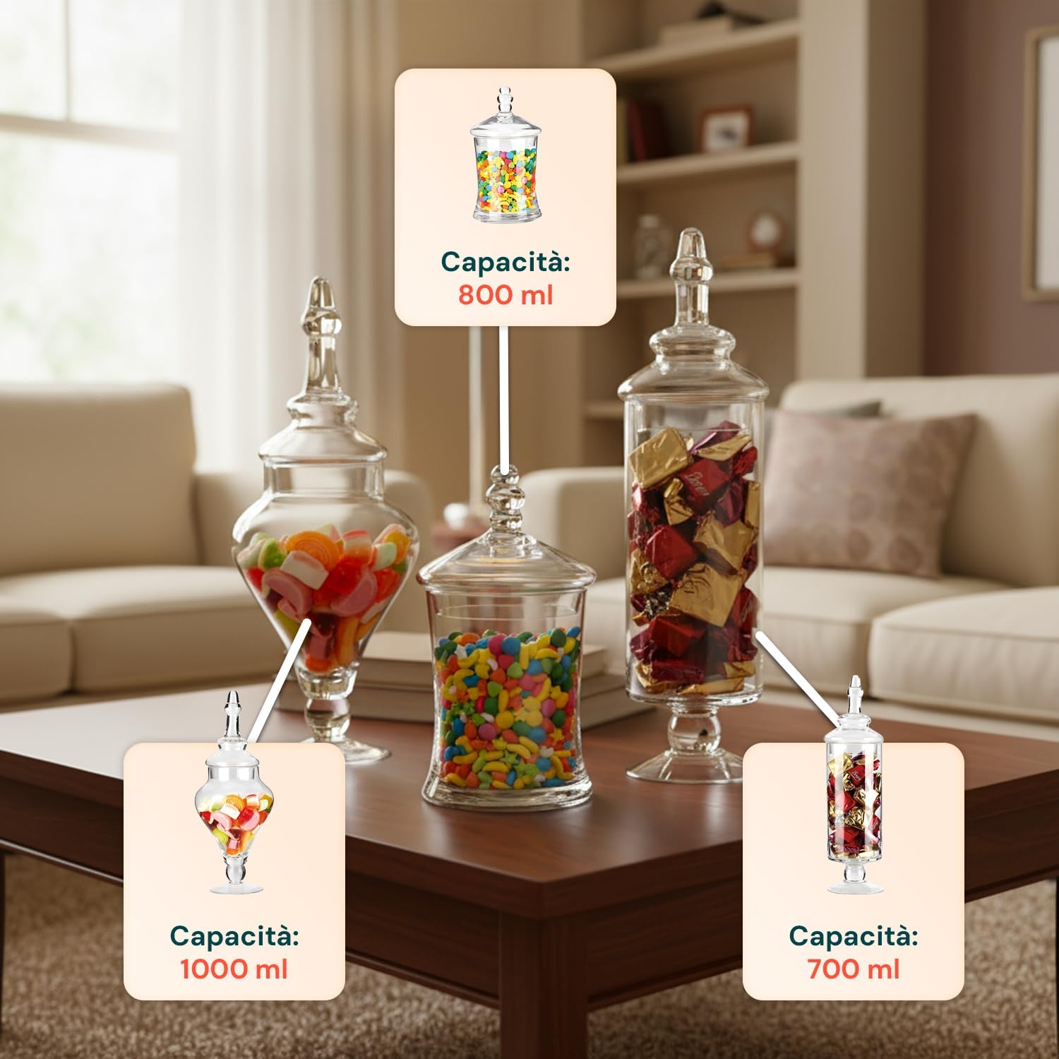 Wintem – Set 3 Contenitori Vetro con Coperchio Ermetico Trasparente per Alimenti, Ideali per Cucina, Dispensa e Buffet, Capacità Variabile Facili da Usare e dal Design Elegante