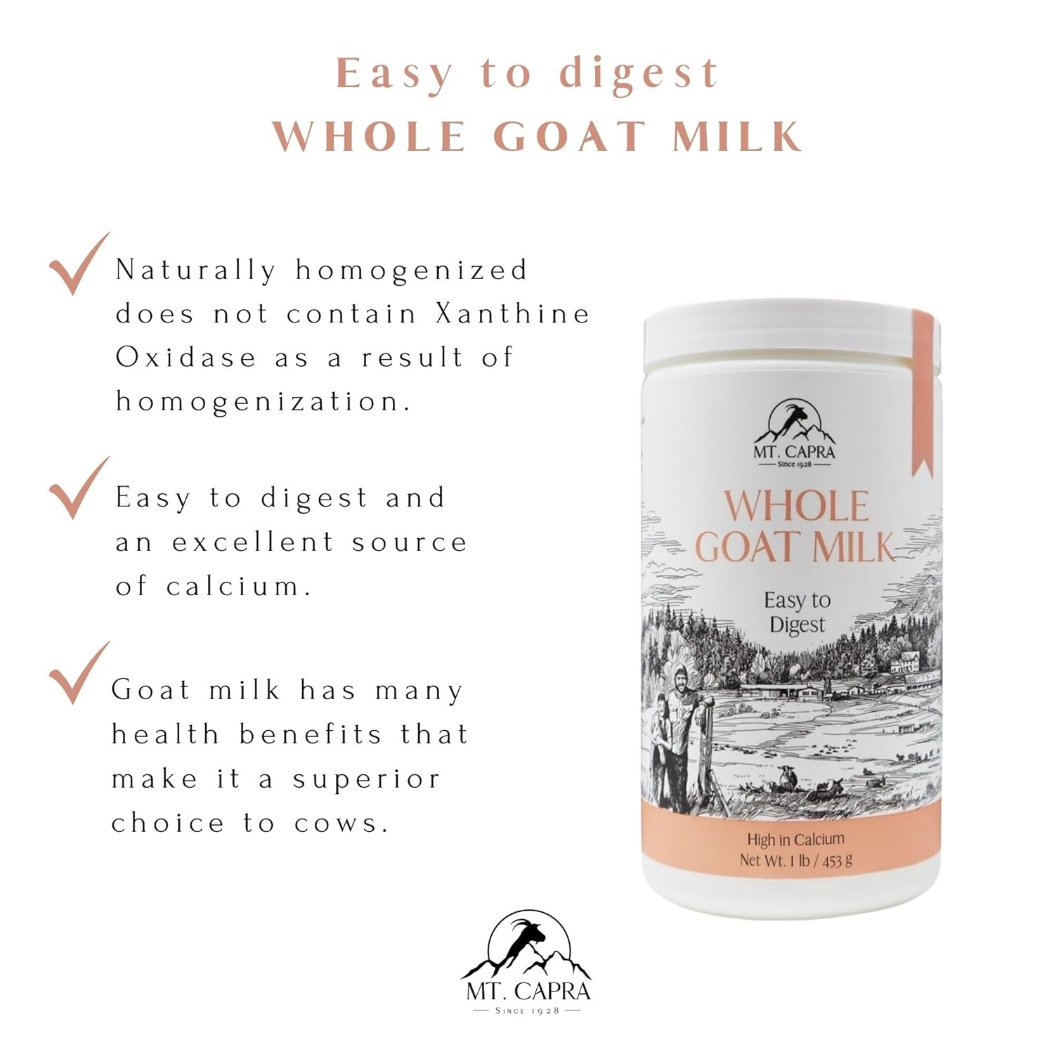 Mt. Capra Whole Goat Milk | from Non-GMO, Grass-Fed Goats, Creamy, Great Tasting, Easy to Digest, A2 Milk | 16 Servings - 1 Pound