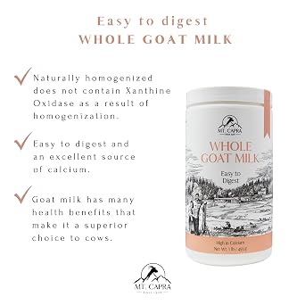 Mt. Capra Whole Goat Milk | from Non-GMO, Grass-Fed Goats, Creamy, Great Tasting, Easy to Digest, A2 Milk | 16 Servings - 1 Pound