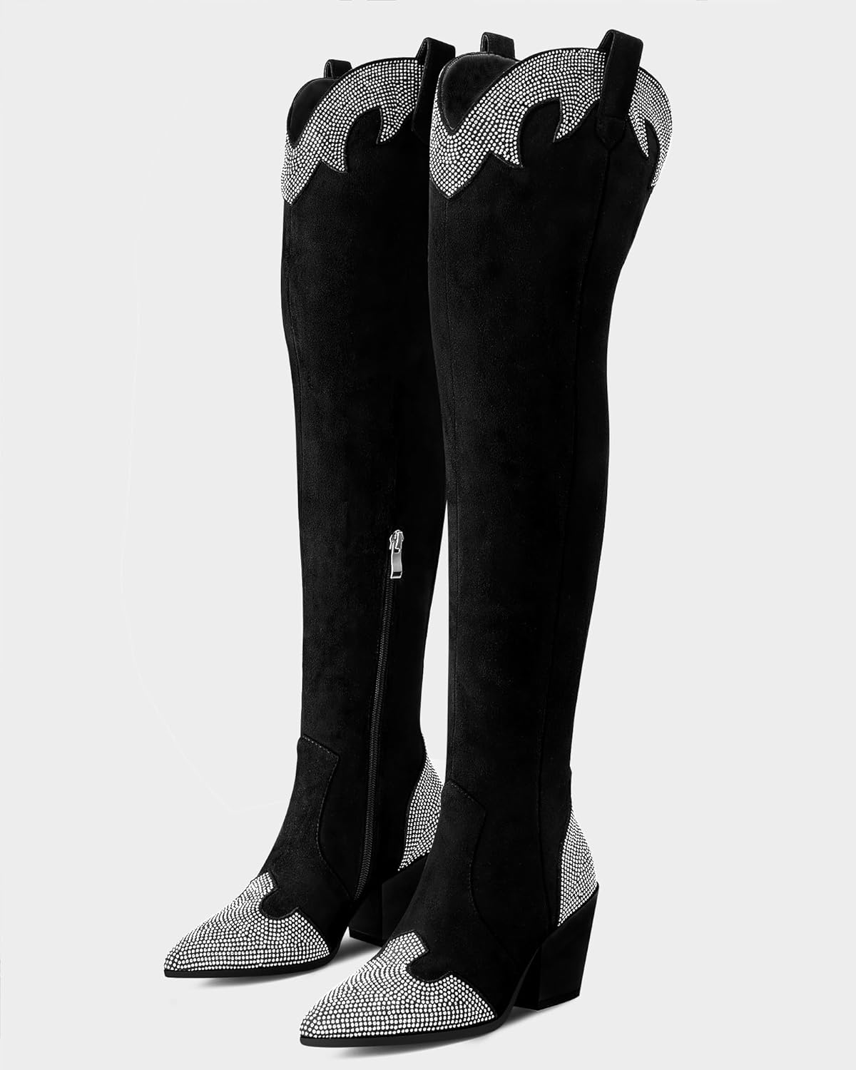 MUCCCUTE Cowboy Boots for Women Black Thigh High Boots - Fashion Cowgirl Over The Knee Boots with Rhinestone - Pointed Toe Chunky Heels Side Zipper Fall Tall Boots for Ladies - Image 8