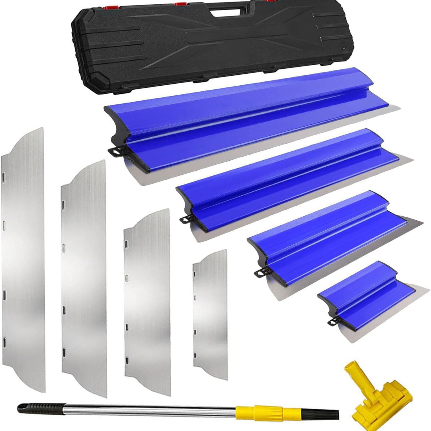 NEWFUN Juego de Llana Alisar Paredes para Emplastecer, 25 cm, 40 cm, 60 cm y 80 cm, Llana para Alisar Paredes y Techos, Barra Telescópica de 1,27 m con Adaptador para Aplicaciones Profesionales (blue)