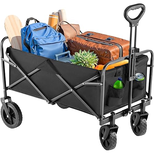 DUMOS Foldable Wagons Carts with All-Terrain Wheels, 120L & 360LBS Portable Garden Wagon Large Capacity Utility Cart with Drink Holders, Heavy Duty Collapsible for Sand, Beach, Gardening (Large Black)