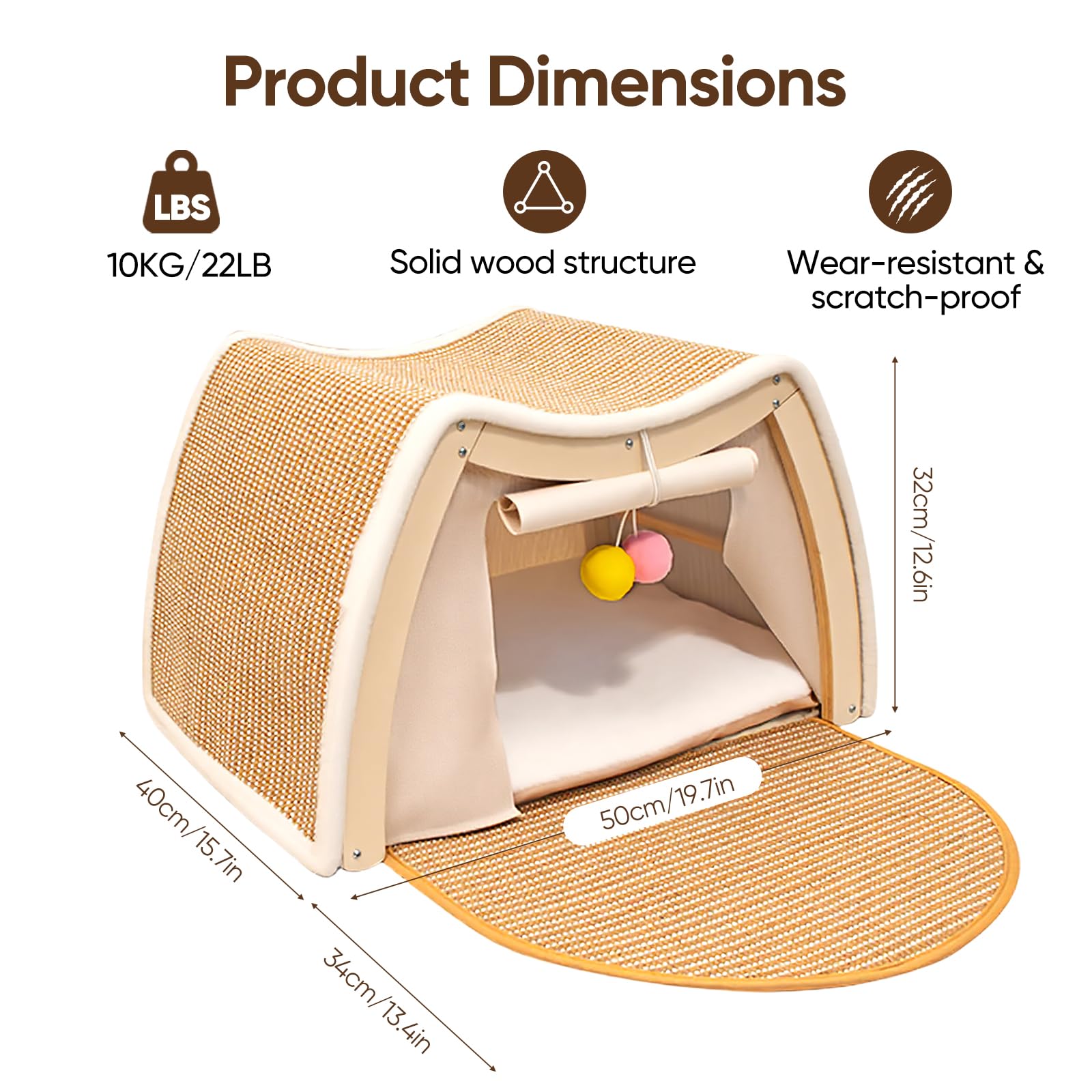 Casa de Madera para Gatos, 2 en 1 Rascador y Tienda para Gatos, 50x40x32 cm Cama para Gato, Cueva para Gatos con Cojín, Ideal para Gato Pequeños y Medianos