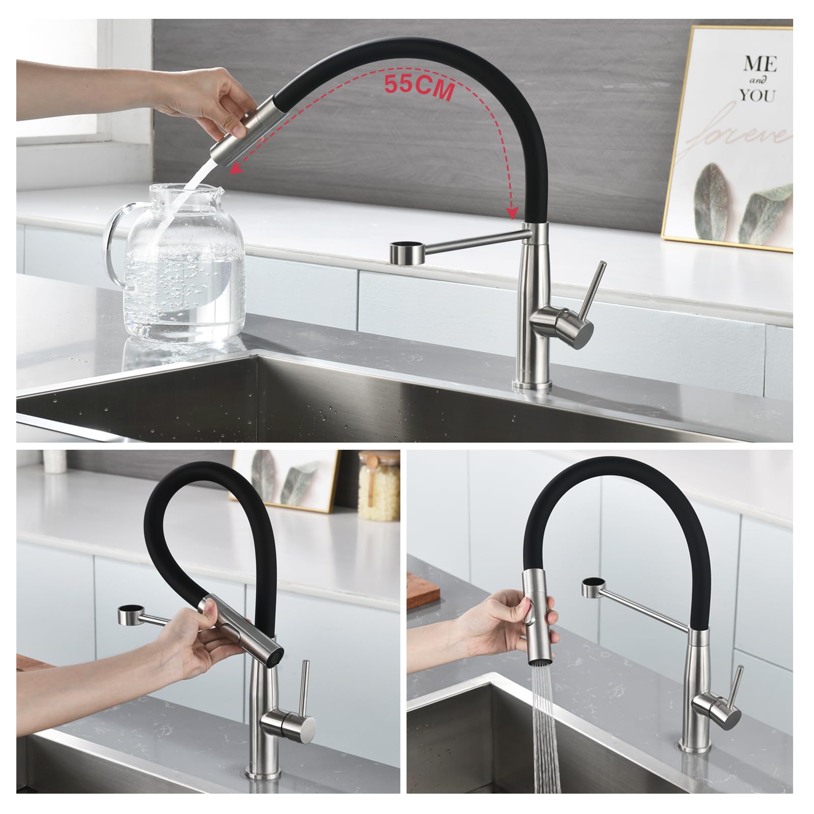 grifo cocina, flexible kitchen faucet, grifos cocina fregadero giratorio 360°, torneira cozinha acero inoxidable, grifo de cocina com dois modos de duche (Cepillado)