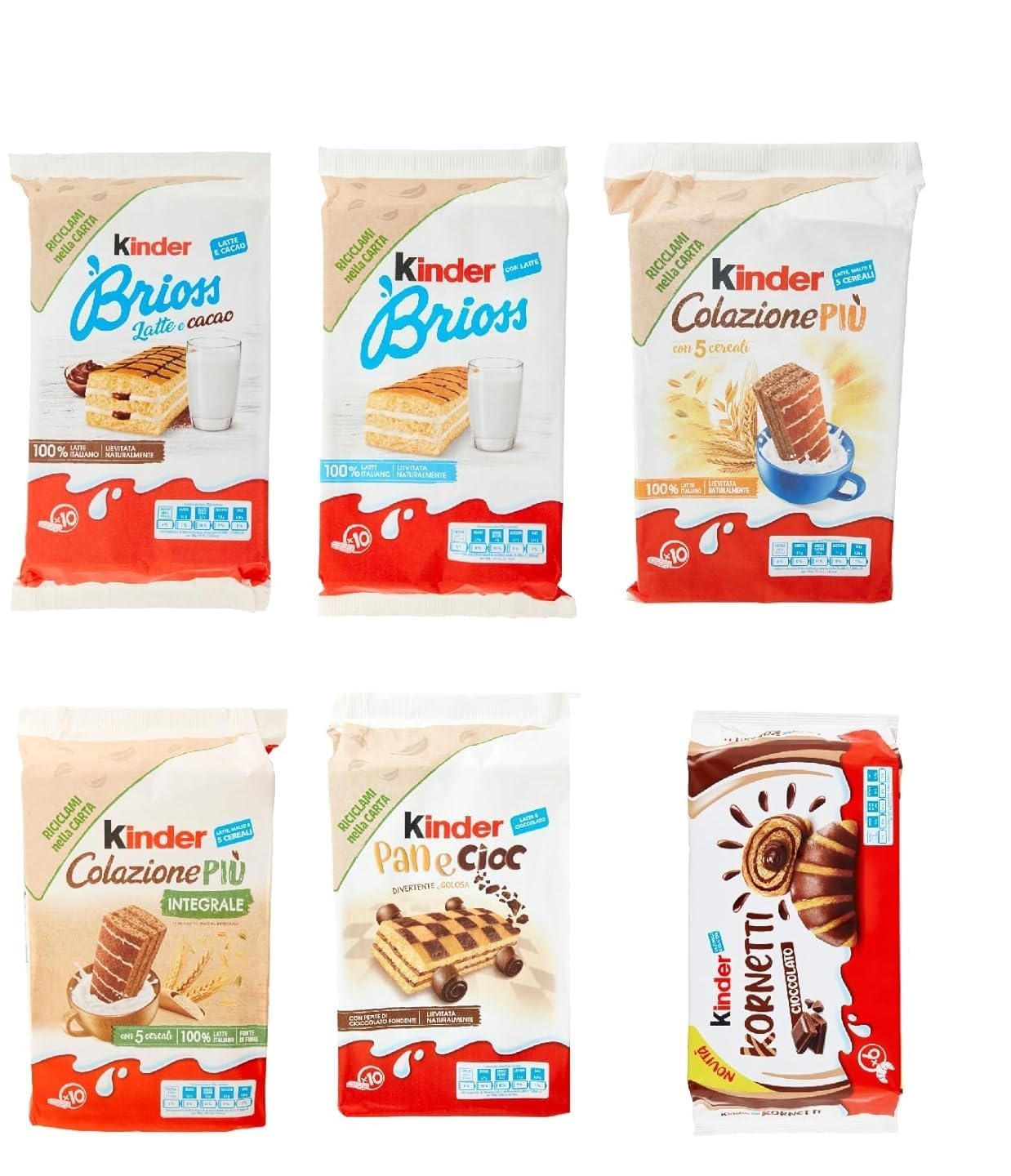 Italian Gourmet Assortiment Kinder goûter & petit-déjeuner – Brioss lait & cacao, Brioss, Colazione Più 5 céréales, Colazione Più Intégrale, Pan e Cioc, Kinder Kornetti + Italian Gourmet Polpa