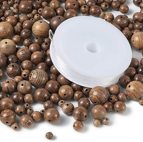 Miniatura 8 de Craftdady 790 cuentas redondas de madera de rayas naturales de 5 tamaños con 1 rollo de hilo de cristal para fabricación de joyas y manualidades