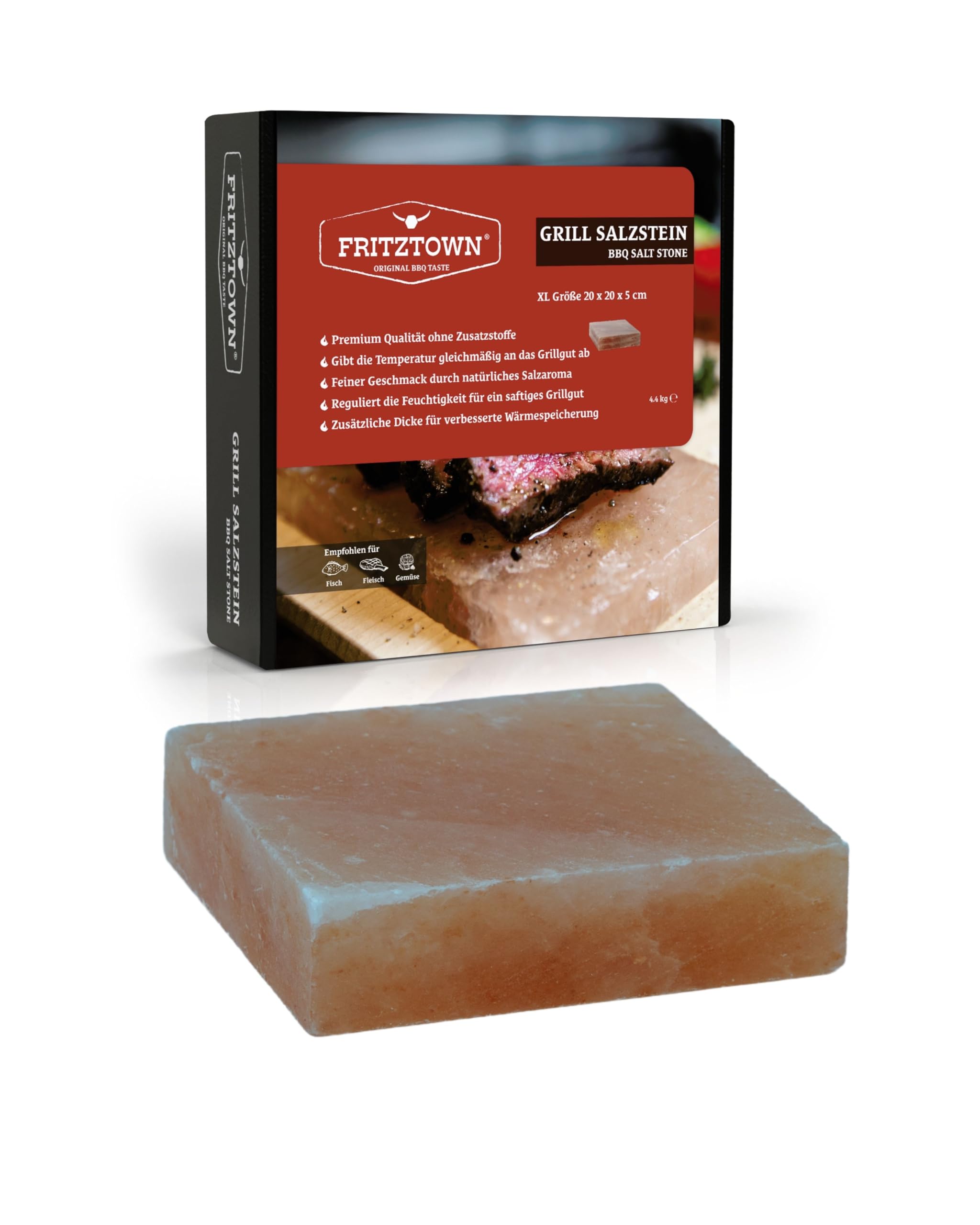 FRITZTOWN® Deluxe Grill Salzstein - 20x20x5 cm | 20x20x2,5 cm | 20x10x2,5 cm - Extra Stark - Feiner Geschmack durch Kristallsalz - Exklusive Geschenkbox