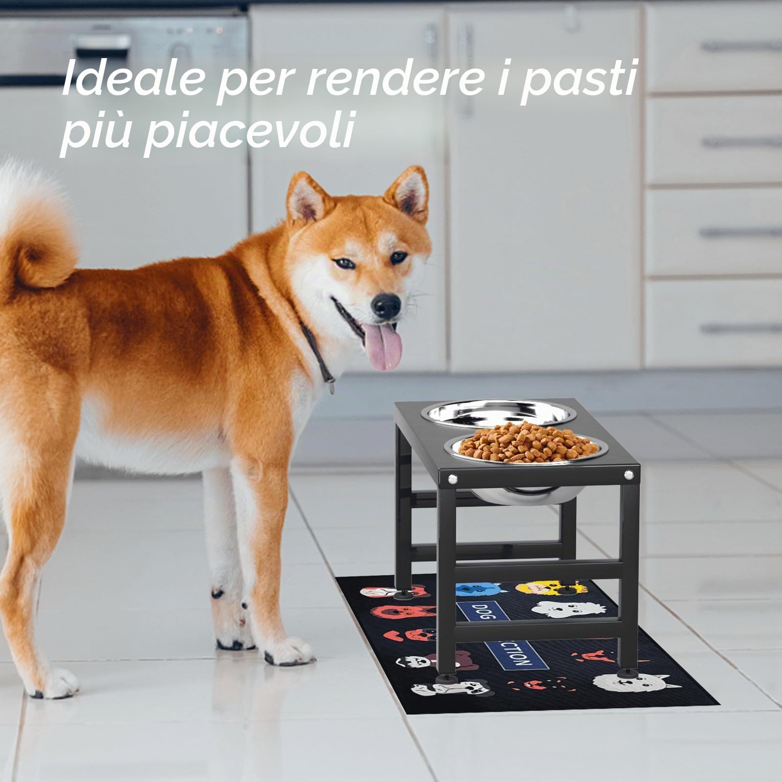 ADENGL Ciotola per cani rialzata in metallo, altezza 25,4 cm, supporto per mangiatoia per cani con 2 ciotole in acciaio inossidabile da 1,19 g e tappetino antiscivolo da 40 x 61 cm, supporto per cibo
