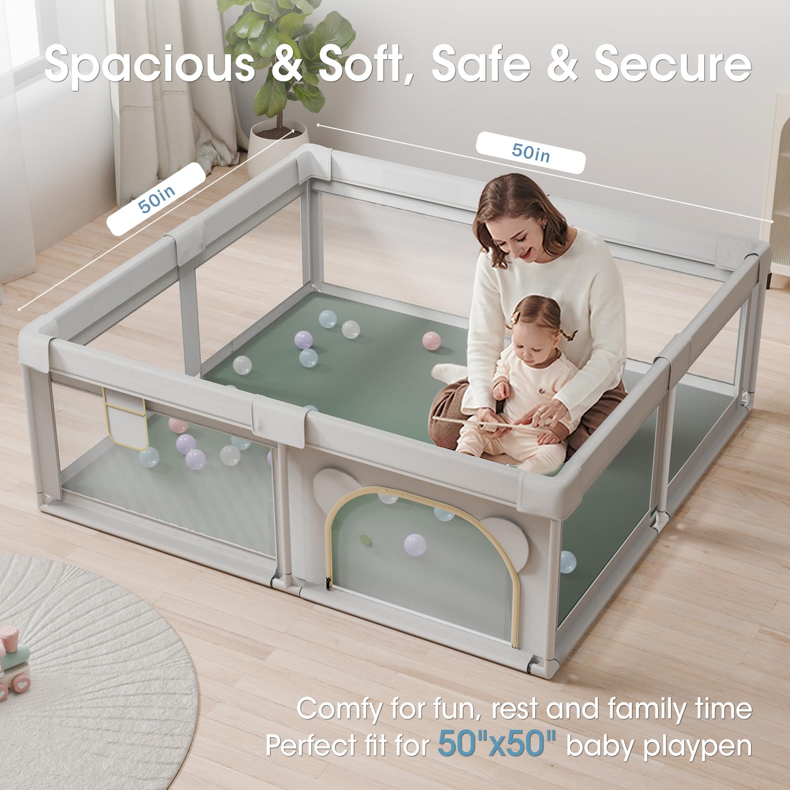 Comehealthy Baby Play Mat for Floor, 50x50 Vegan Leather Playpen Mat, Thickened Foam Cushioned Mat for Infants and Toddlers, Waterproof, Non-Slip & Stylish Playmat for Babies, Easy to Clean, Green