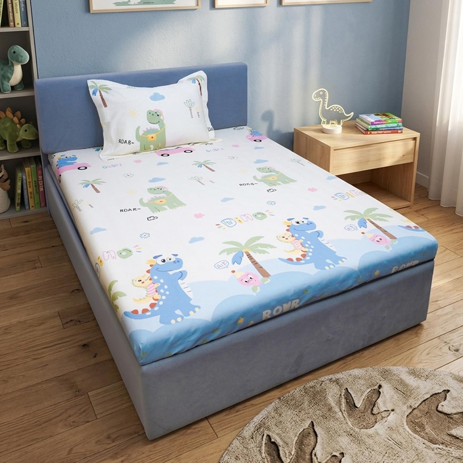 Kids Single Bedsheet with 1 Pillow Cover, 100% Cotton Soft & Breathable Cartoon Print Bedsheet for Kids Room, 210 TC Dino (Single)-picture-19