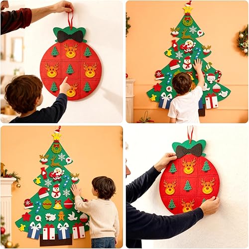 Miniatura 14 de Árbol de Navidad de fieltro de 3 pies para niños con 31 adornos desmontables, decoración de Navidad para colgar en la pared con tira de luces