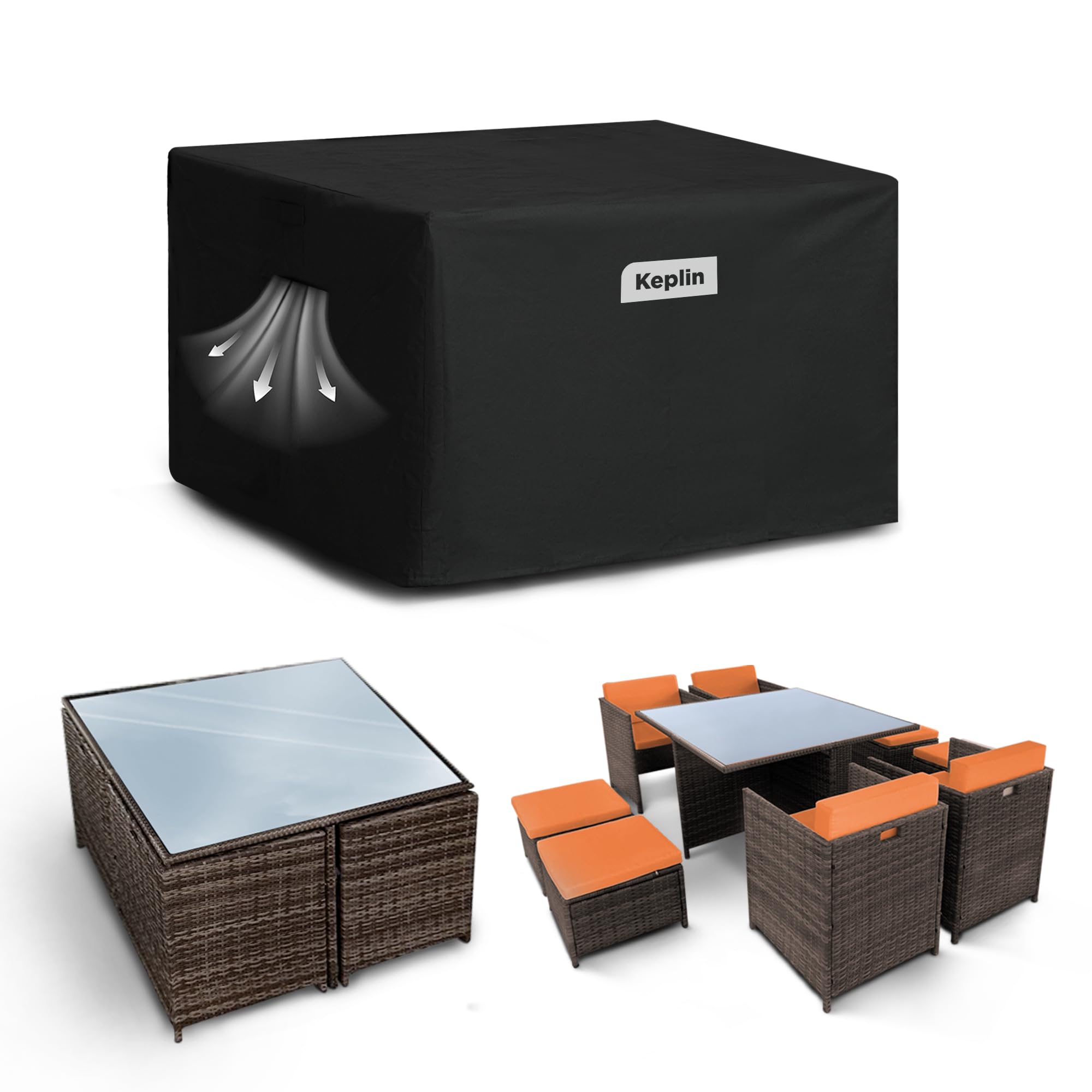 KEPLIN Waterproof Outdoor Furniture Cover - UV, Tear, and Fade Resistant, 600D Oxford Fabric with PVC Coating, Air Vent, Attachment Straps & Storage Bag Included (Black, 125x125x74cm)