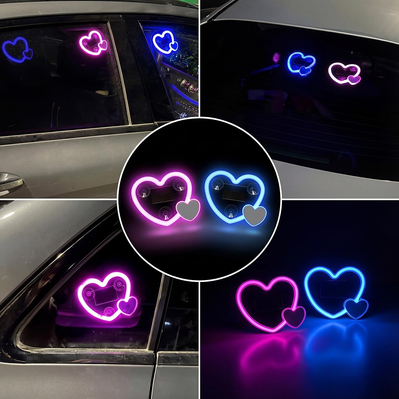 Solar-Powered Car Led Lights Interior, 2 Pcs Ambient Lighting Car Window Light, Double Heart-Shaped Pink Girl Car Accessories Neon Ambient Decoration with Suction Cup, Valentines Decor (Pink)