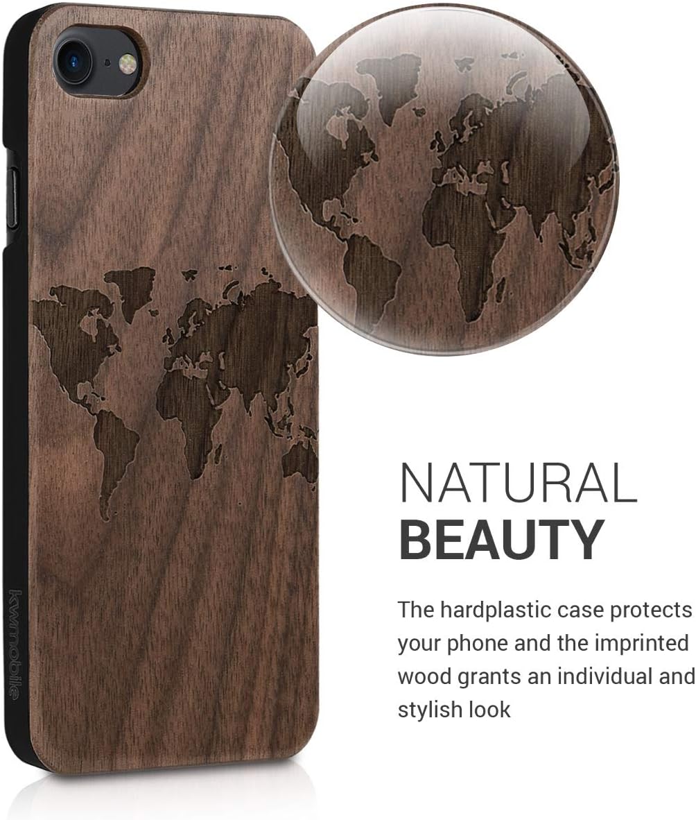 kwmobile Case Compatible with Apple iPhone SE (2022) / iPhone SE (2020) / iPhone 8 / iPhone 7 - Wood Case Hard Wooden Design Cover - Travel Outline Dark Brown