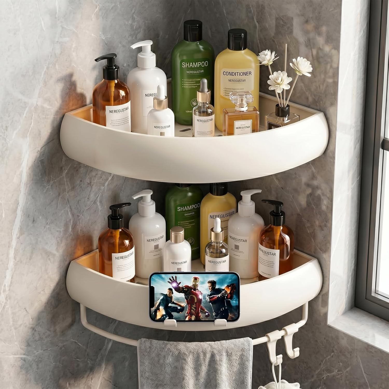 Shower Caddy Hanging, 2 Pack Never Rust Shower Organizer Hanging, Aluminum Shower Racks for Inside Shower with Hooks for Razor, Bathroom Organizers and Storage with Soap Holder, White