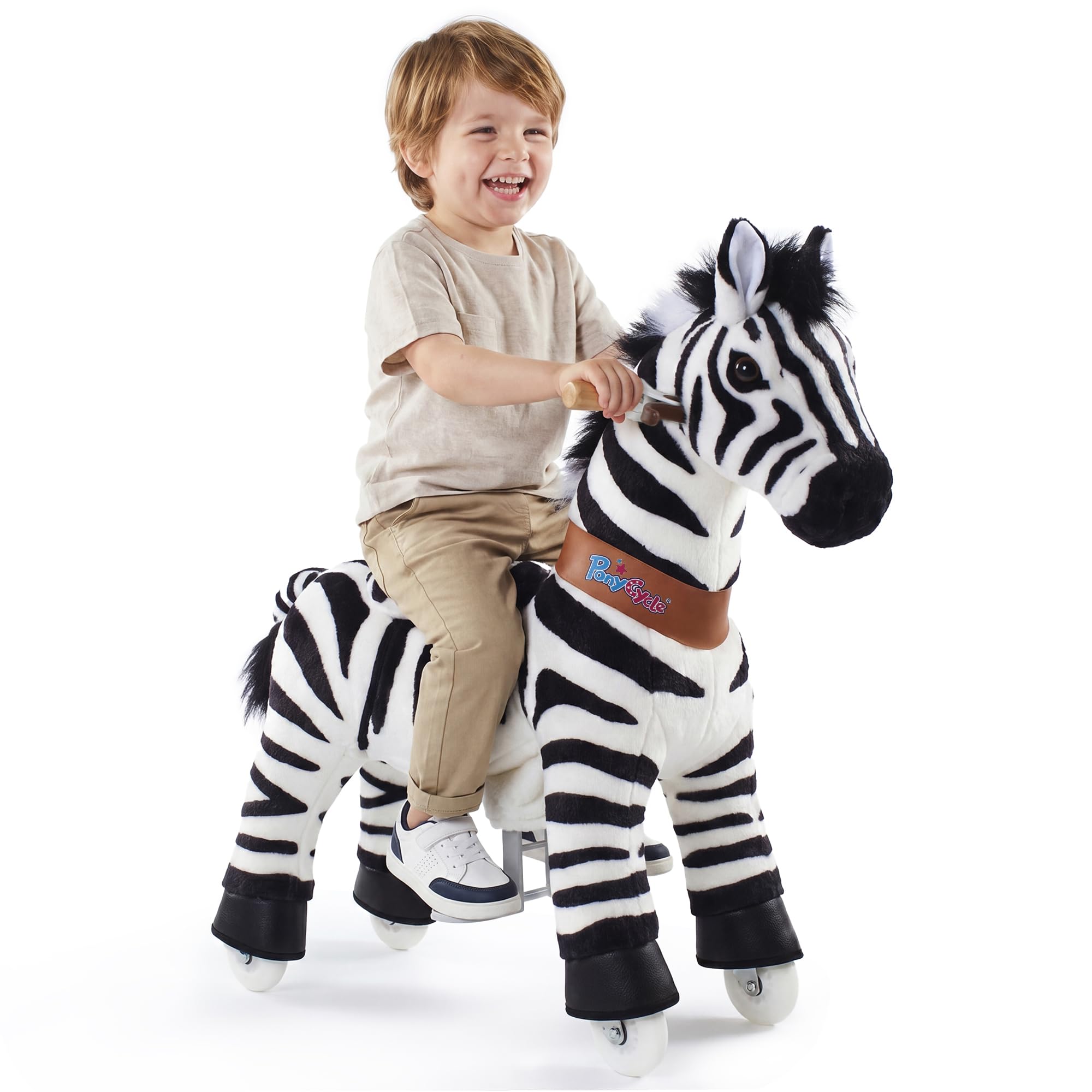 PonyCycle® Zebra Schaukelpferd | für Kinder 3–4 Jahre, 76cm | Plüsch Zebra Reitpferd mit Handbremse | Zebra auf Rollen, Schaukeltier, Kindergeburtstag | Klassisches Modell U – Ux368