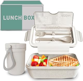 Bento Lunch Box – 1100ml Leakproof Bento Box with Spoon, Fork, Knife & Coffee Cup – 2 Compartment Microwave & Dishwasher Safe Meal Prep Containers Reusable for Adults, Kids – Lunchbox (Beige)