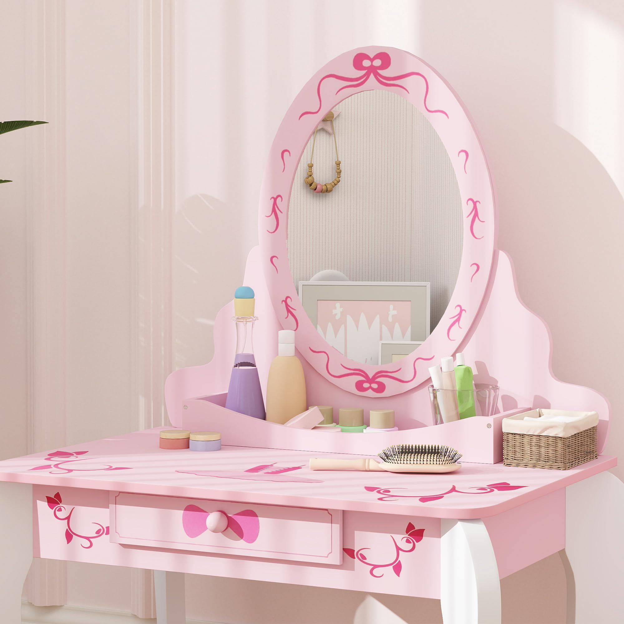 AIYAPLAY, set tavolo da toeletta per bambini, tavolo da toeletta a due pezzi con sgabello, specchio, cassetto, spazio di archiviazione sul desktop, tema del balletto, tavolo da trucco per ragazze