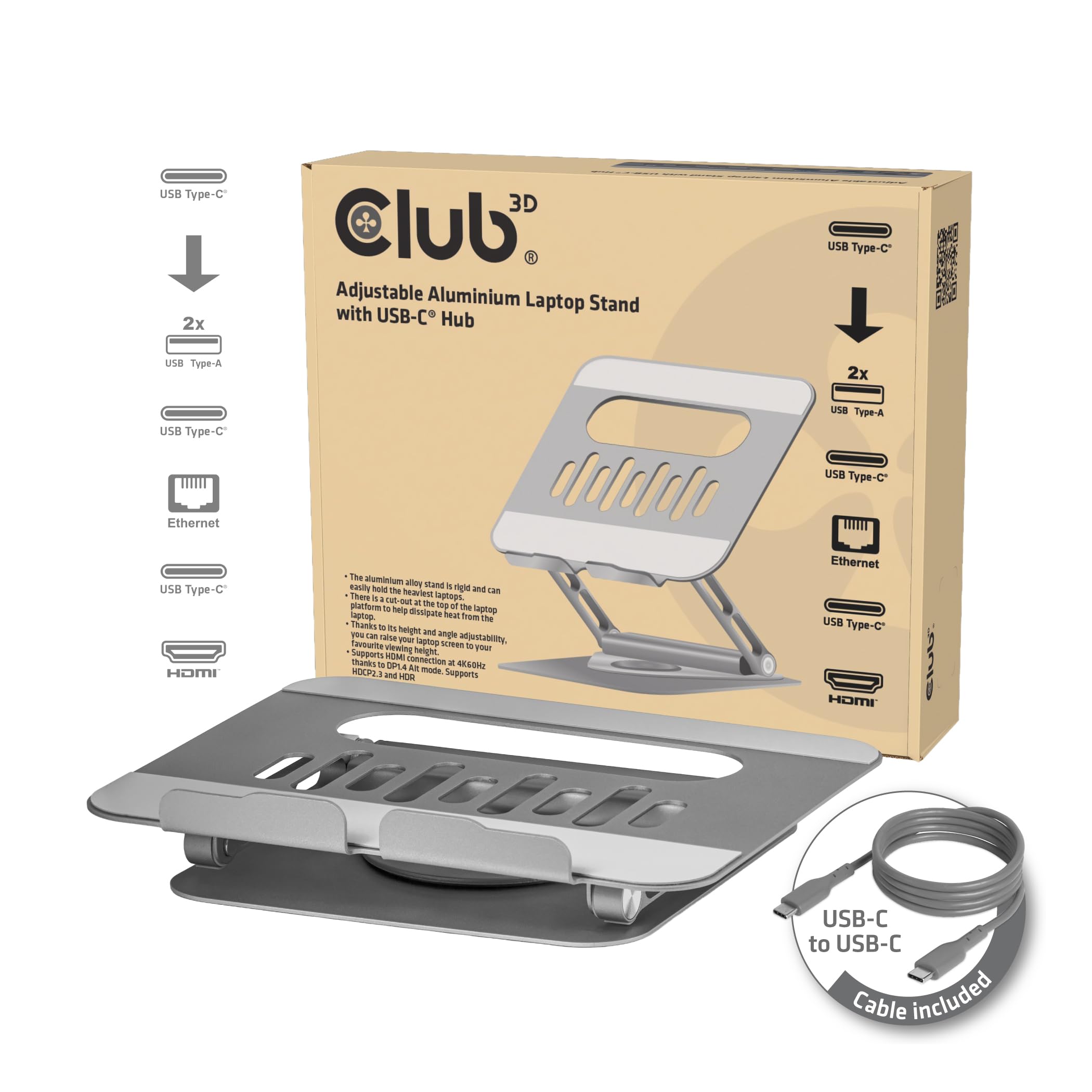Club3D CSV-2554 - Supporto per laptop in alluminio regolabile con hub USB-C