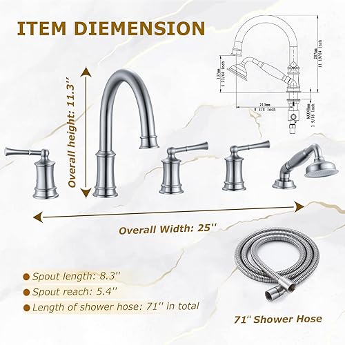 Miniatura 9 de Grifo de bañera romano con ducha de mano, juego de grifo de ducha antiguo con válvula para 5 agujeros, juego de grifos de ducha de montaje en