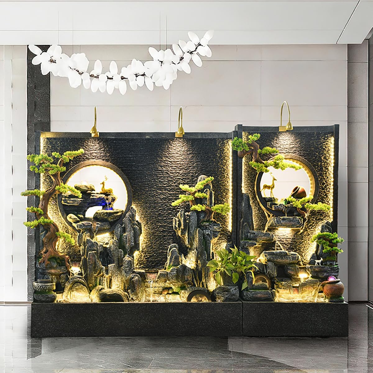 12ft Stunning Cement Water Fountain with Rockery Landscape Decor with LED Lighting Perfect for Home,Garden,and Office Interior Decoration(A+Bright)