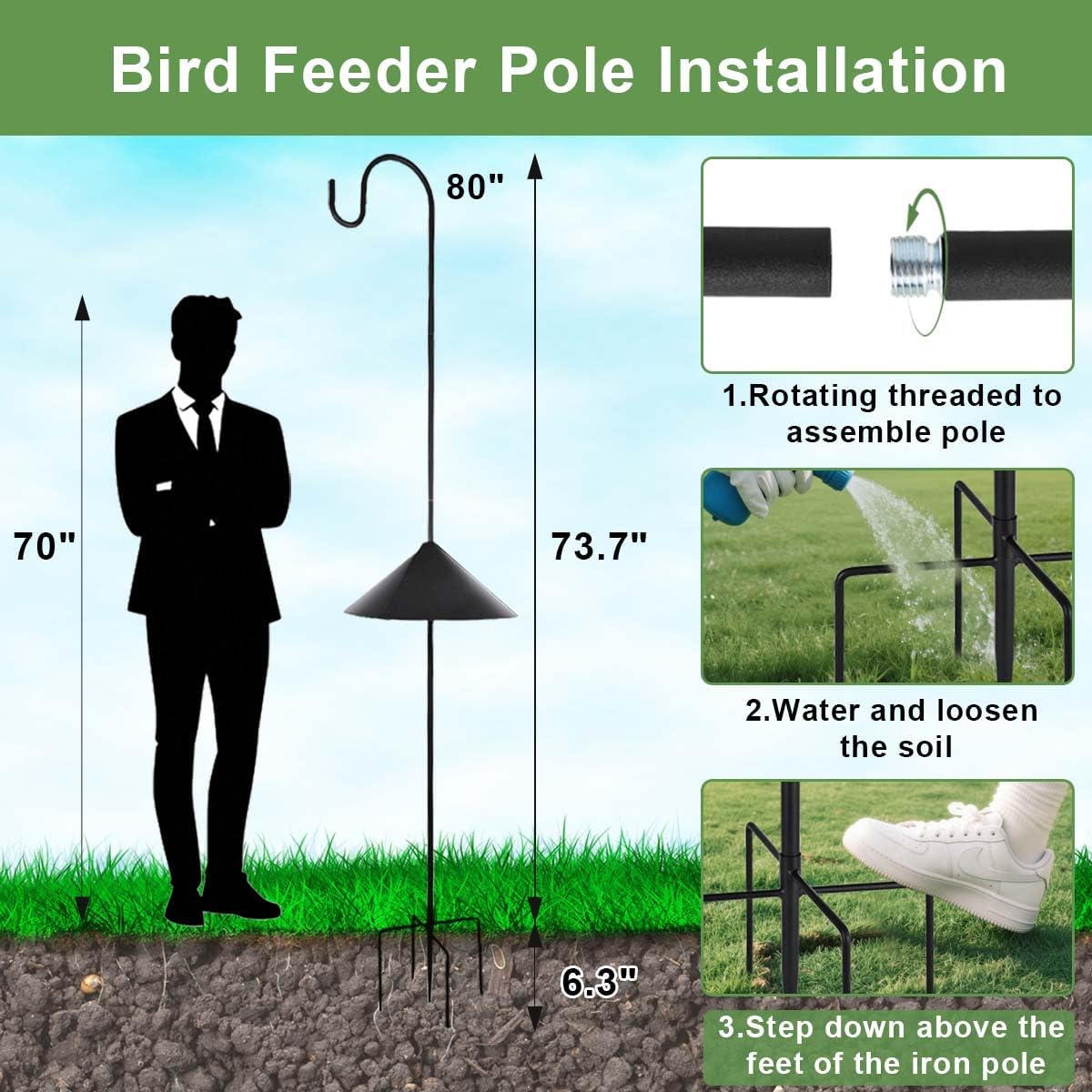 Matte Black Bird Feeder Pole with Squirrel Baffle 80" Tall Heave Duty Squirrel Proof Pole with Shepherd Hook 5 Prongs Base for Outdoor Hummingbird Feeders (No Bird Feeder)