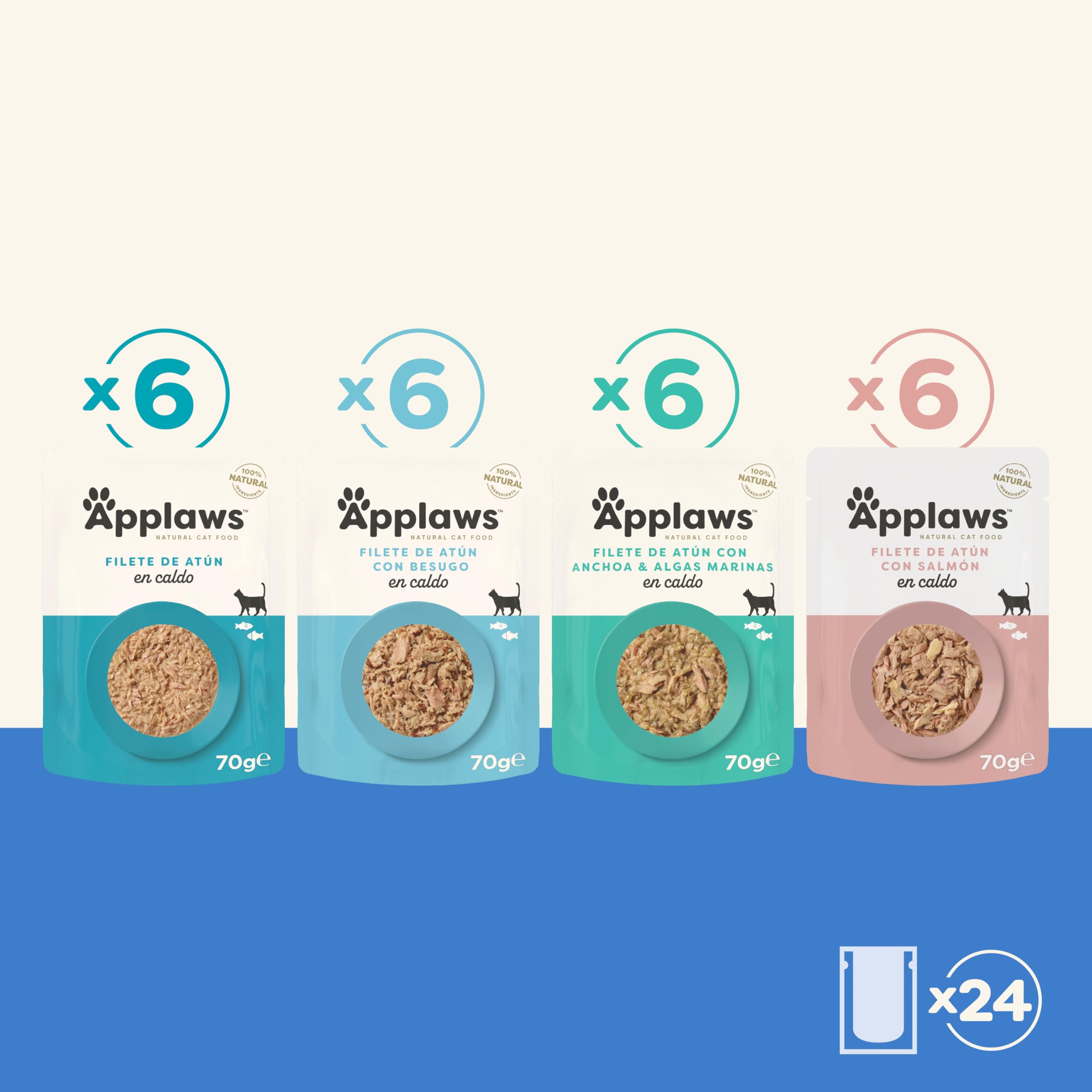 Applaws 100% Natural Comida Húmeda para Gatos, Bolsa Multipack Selección de Pescado en Caldo - Paquete de 24 Bolsas de 70 g