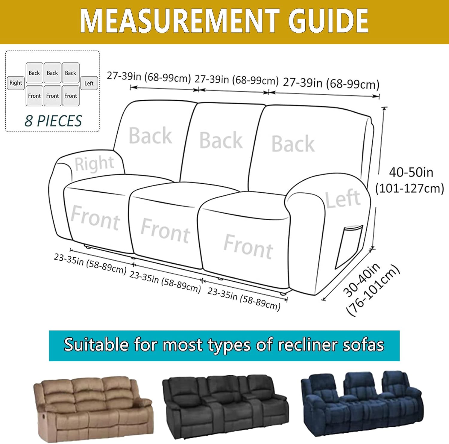 Recliner Sofa Slipcover 8-Pieces, Stretch 3 Seater Reclining Couch Covers Armchair Furniture Protector with Side Pocket (Blue,3 Seater)