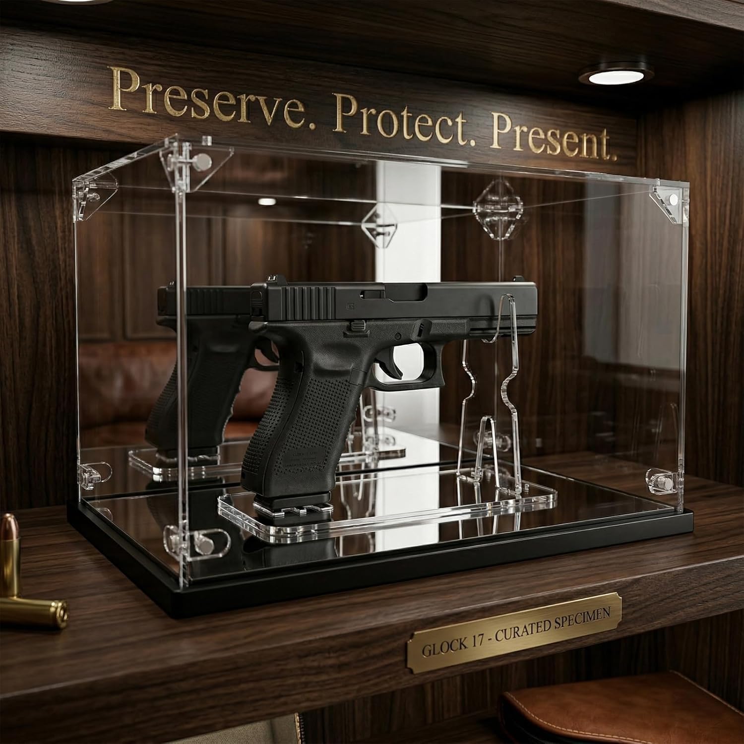 Premium Acrylic Pistol Display Case with Dual Mirrors - UV Protection & Dustproof Handgun Showcase with Adjustable Stand & Sleek Black Base, Universal Fit for Most Pistol Models (11.6x4.5x7 Inch)