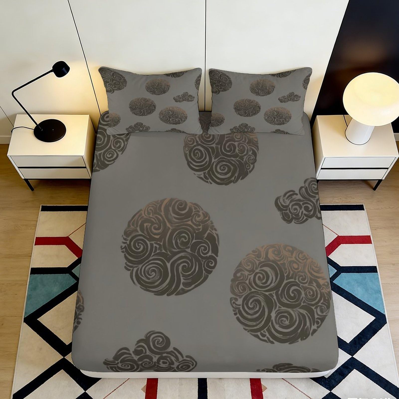 3D Printed Swirl Cloud Fitted Sheet Microfiber Grey Artistic Circle Mattress Cover for Bedroom Dorm Bed Decor 120x200x25cm