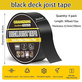 Black Joist Tape for Decking,2inx50ft,4-Pack,Joist Deck Butyl Tape for Joist, Roofs Beams,RV,Doors, and Fences,Waterproof Butyl Joist Tapes,Anti-Corrosion,Weather-Resistan