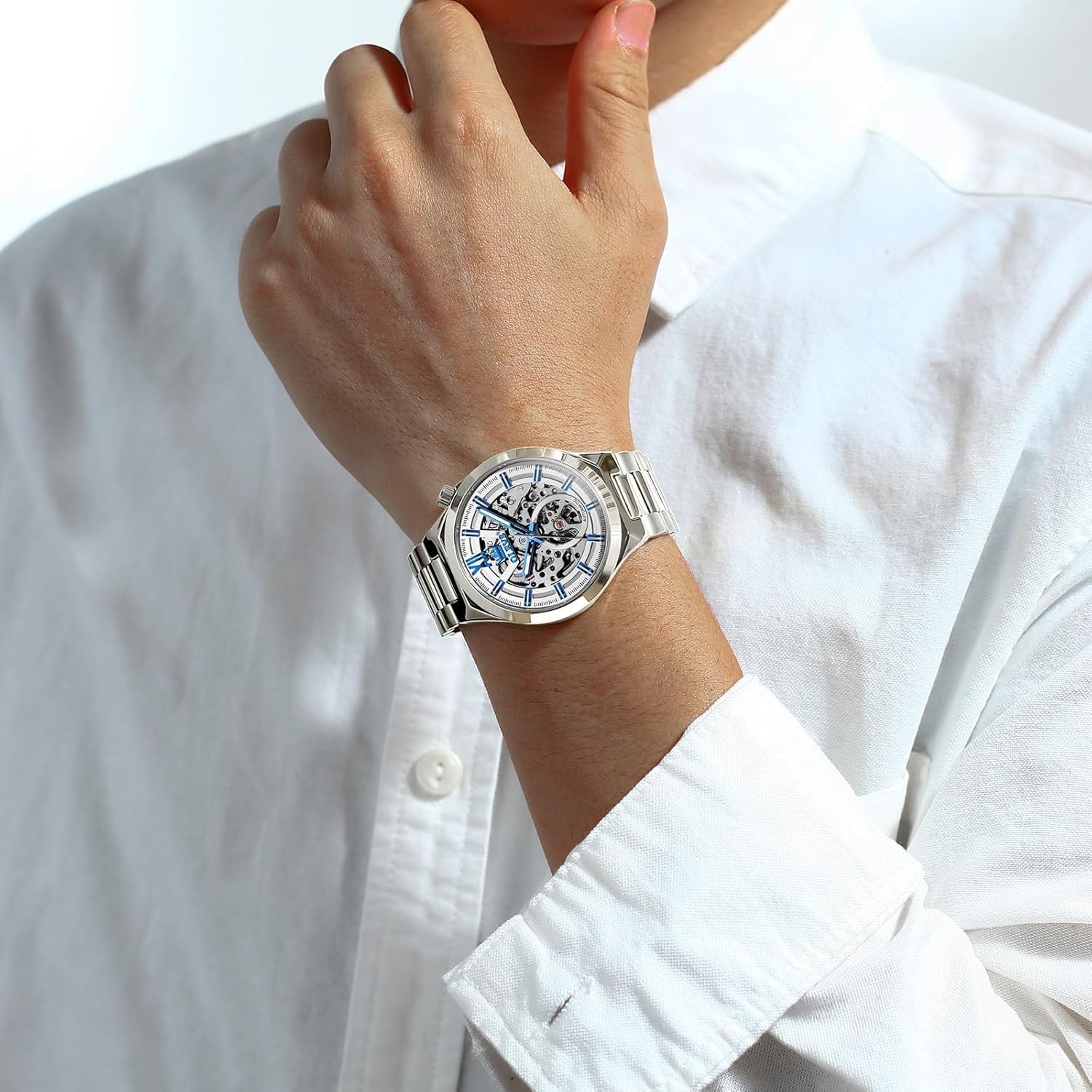 OLEVS Mens Skeleton Watches Automatic Self Winding Mechanical Designer Luxury Dress Stainless Steel Waterproof Original Wrist Watches for Men - Image 3