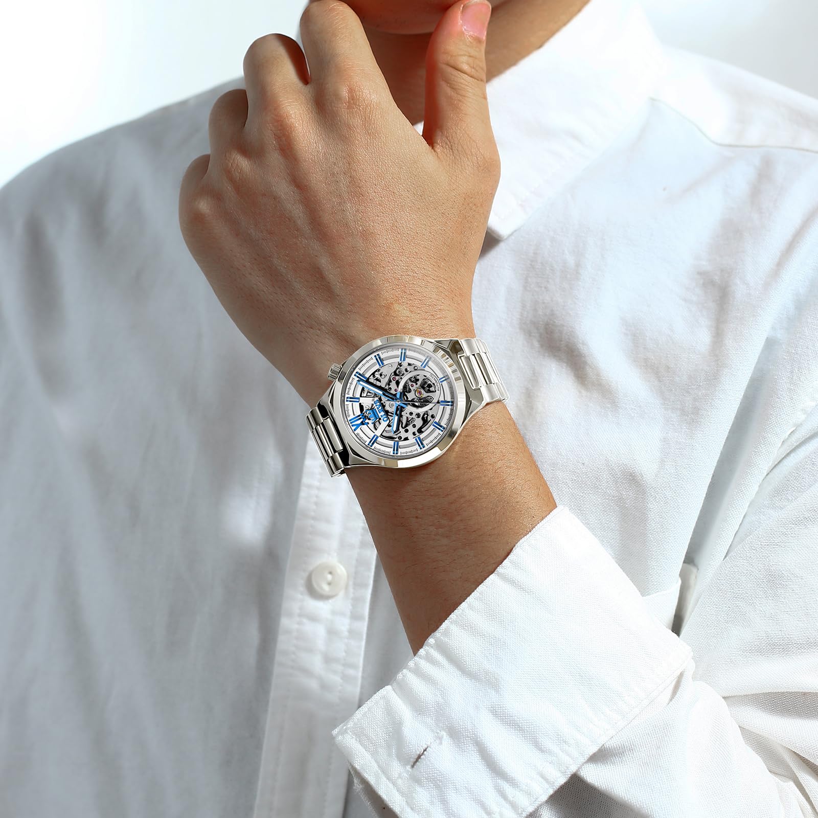 OLEVS Herren-Skelett-Uhren, automatisch, selbstaufziehend, mechanisch, Designer-Luxuskleid, Edelstahl, wasserdicht, Original-Armbanduhr für Herren