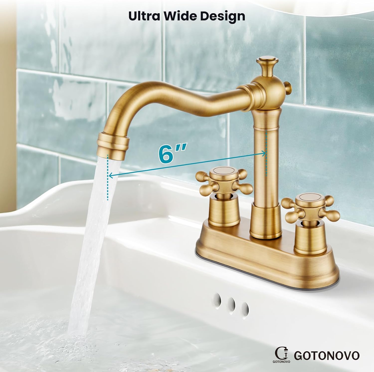 Gotonovo Antique Brass 2 Hole 4 Centerset Bathroom Sink Faucet with Double Cross Handles Deck Mounted Brass Vanity Mixer Tap Utility Include Water Hose, Suitable for 6-12 inch Hole