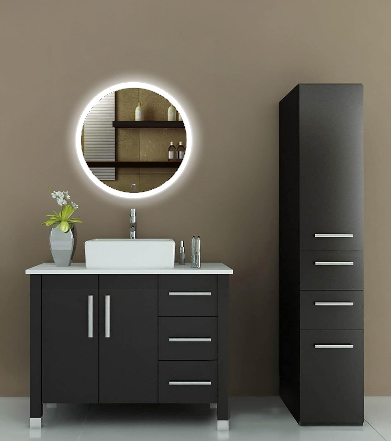 Krugg LED Bathroom Round Mirror 30 Inch Diameter | Lighted Vanity Mirror Dimmer & Defogger | Silver Backed Glass | |