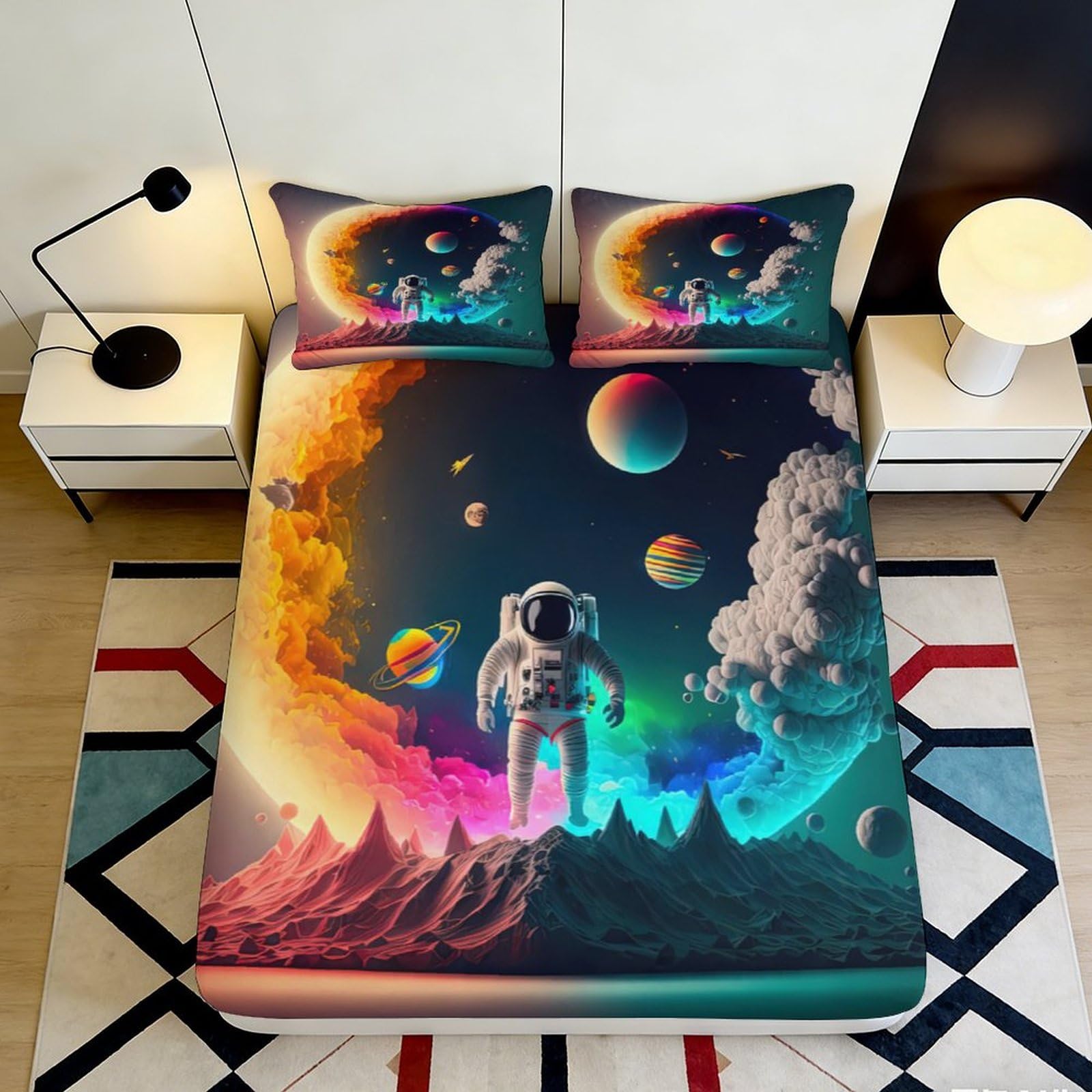 3D Printed Galaxy Astronaut Fitted Sheet Microfiber Soft Breathable Cosmic Planet Mattress Cover for Bedroom Dorm Mattress Protector 160x200x25cm
