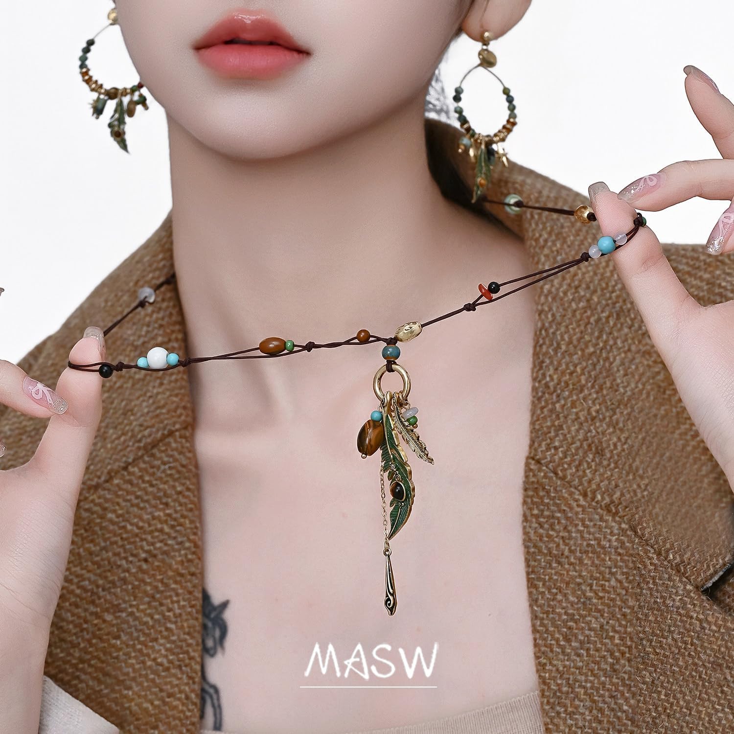 Bohemian Hippie Statement Jewelry, Retro Forest Green Feather Beaded Long Rope Necklace, Fashionable Women's Accessories M5068