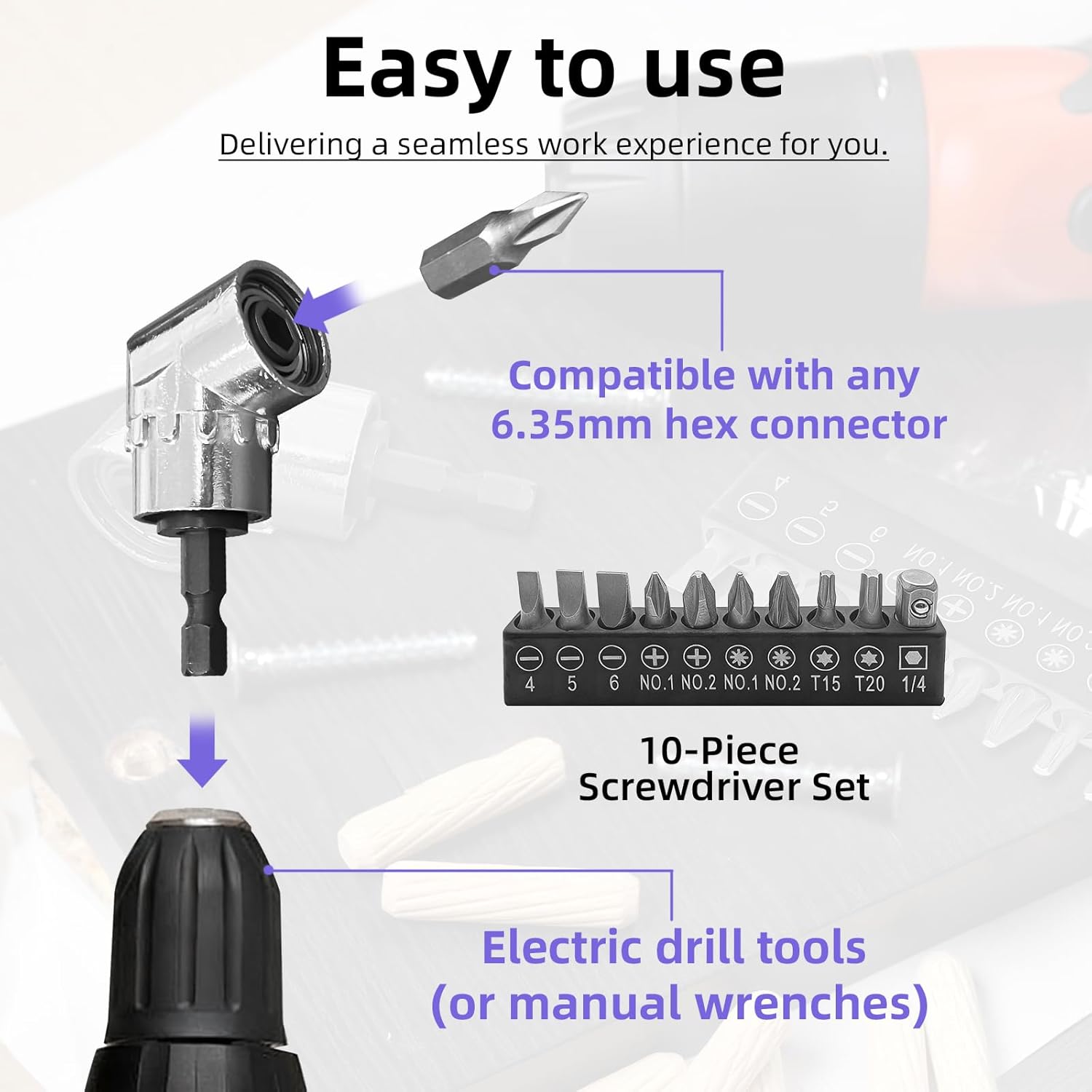 14Pcs 105 Degree Right Angle Drill Screwdriver Bit Set, 3PCS 1/4” Hex Shank Right Angle Drill Attachment with 10PCS Screwdriver bits and bit holder