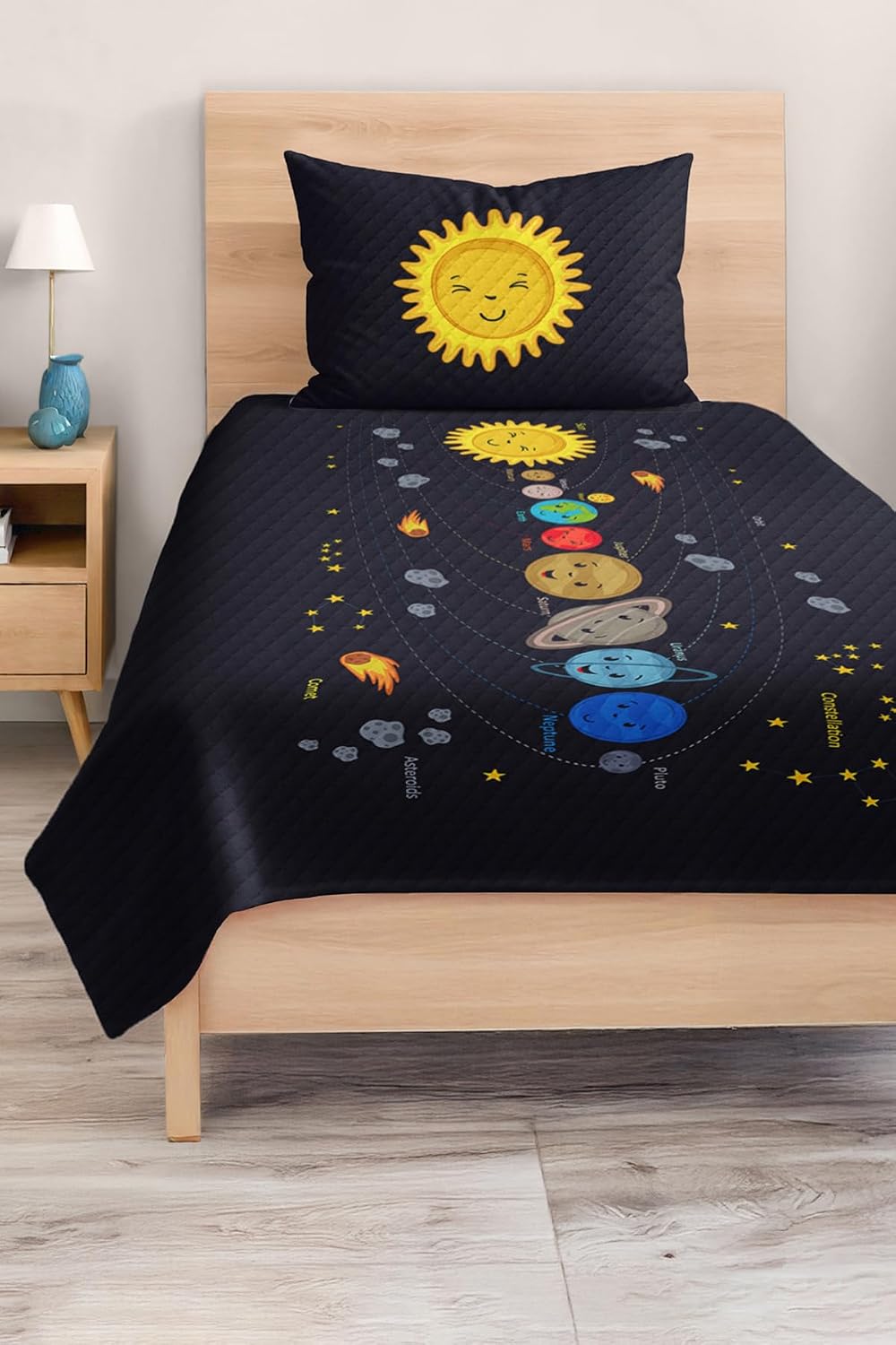 Quilt Set Twin Size Solar System Design for Kids and Teens, Lightweight Cotton Polyester Blend, Includes Quilt and Pillowcase, Fade Resistant, Multicolor - Multicolor, One Size
