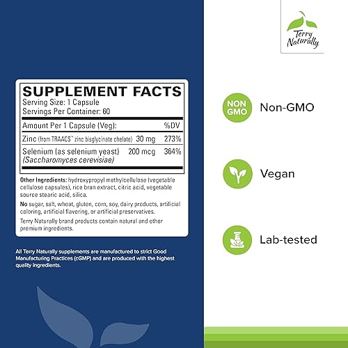 Miniatura 2 de Terry Naturally Zinc Plus Selenio - Suplemento de salud inmune y respiratoria - Suplemento mineral con quelato de bisglicinato de zinc - Fórmula con